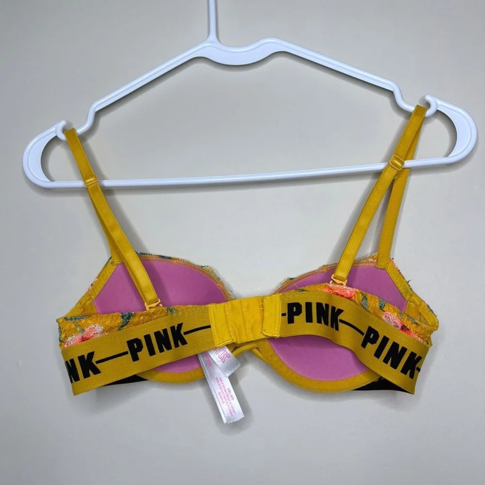 Victoria's Secret PINK Date Push-Up Bra Yellow Floral Lace Logo Band 32B